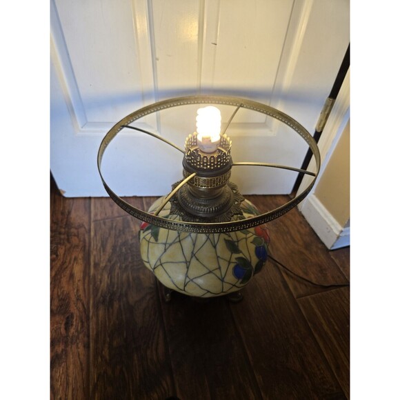 Vintage 23" Hurricane Tiffany Style Table Lamp Hand Painted Floral Gone W/ Wind - Picture 10 of 16